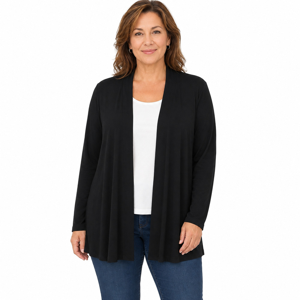 Chicos Black Rayon Blend Thin Cardigan Open Sweater Staple Minimalist sz 2 / L